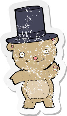 Bir insan tarafından çizilmiş silindir şapkalı çizgi film ayısının gerilimli çıkartması.