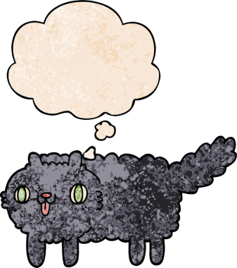 Bir insan tarafından çizilmiş grunge desenli düşünce baloncuklu çizgi film kedisi.