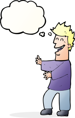 Bir insan tarafından çizilmiş düşünce balonlu gülen adam.