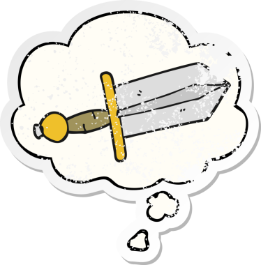 Düşünce baloncuklu çizgi film hançeri insan tarafından çizilmiş yıpranmış bir çıkartma gibi.