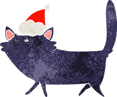 Bir insan tarafından çizilmiş Noel Baba şapkası takan siyah bir kedinin el çizimi karikatürü