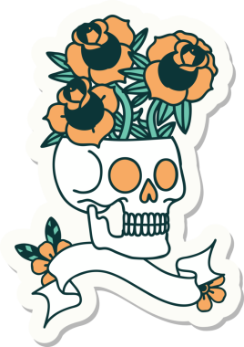 Bir insan tarafından çizilmiş kafatası ve güllerin olduğu dövme stili çıkartması.