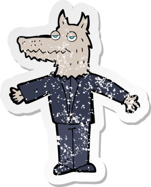 Bir insan tarafından çizilmiş bir kurt çizgi filminin gerilimli etiketi.