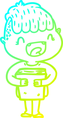 Bir insan tarafından çizilmiş yeni kitapları olan mutlu bir çocuğun soğuk çizgi çizimi.