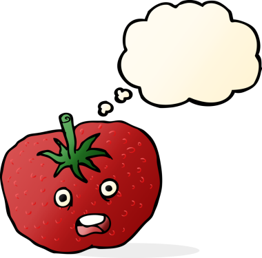 Bir insan tarafından çizilmiş düşünce baloncuklu domates.