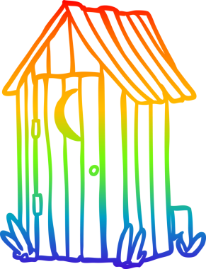 Geleneksel bir açık hava tuvaletinin gökkuşağı gradyan çizimi. Hilal ay penceresi bir insan tarafından çizilmiş.