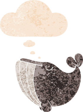 Düşünce baloncuklu çizgi film balinası grunge sıkıntılı retro dokulu bir insan tarafından çizilmiş