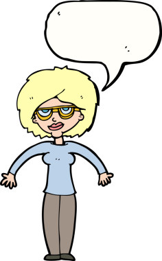 Bir insan tarafından çizilmiş konuşma baloncuğuyla omuz silken çizgi film kadını.