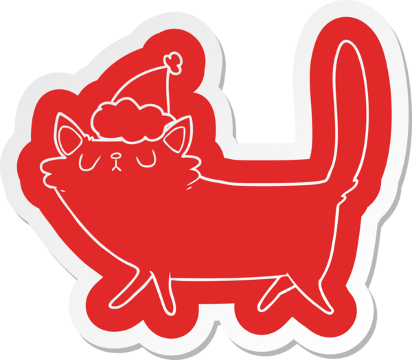 Bir insan tarafından çizilmiş Noel Baba şapkası takan siyah bir kedinin garip karikatür çıkartması.