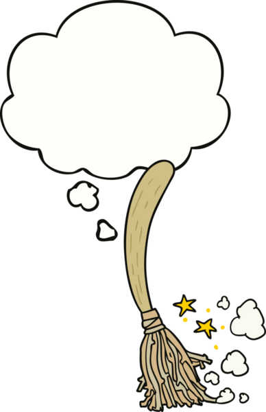 Bir insan tarafından çizilmiş düşünce balonlu sihirli süpürge.