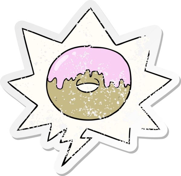 Konuşma baloncuklu çizgi film donutu bir insan tarafından çizilmiş sıkıntılı eski bir çıkartma