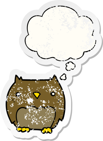 Düşünce baloncuğu olan sevimli çizgi film baykuşu bir insan tarafından çizilmiş yıpranmış bir çıkartma.
