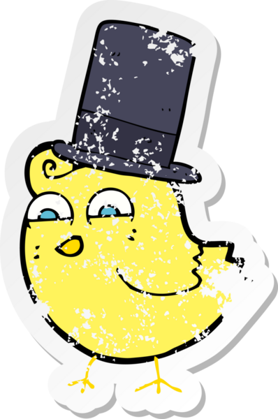 Bir insan tarafından çizilmiş silindir şapkalı çizgi film kuşunun gerilimli çıkartması.