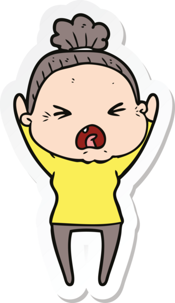 Bir insan tarafından çizilmiş kızgın yaşlı bir kadının çıkartması.