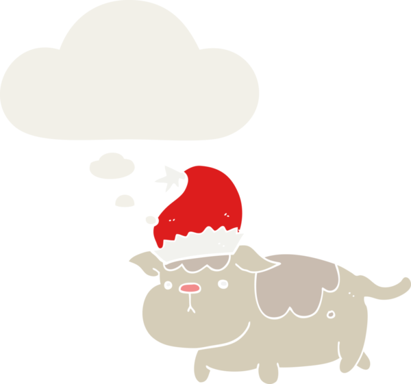 Bir insan tarafından çizilmiş düşünce baloncuğu olan şirin bir Noel köpeği.