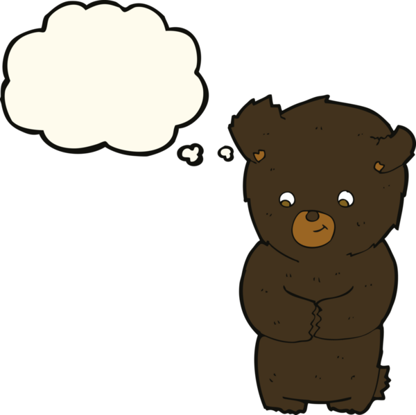 Bir insan tarafından çizilmiş düşünce baloncuğu olan sevimli çizgi film kara ayısı.