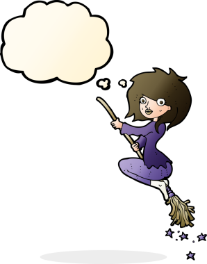 Bir insan tarafından çizilmiş düşünce balonuyla süpürgeye binen cadı çizgi filmi.