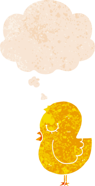 Düşünce baloncuğu ve grunge ile çizgi film kuşu bir insan tarafından çizilmiş sıkıntılı retro tarzı