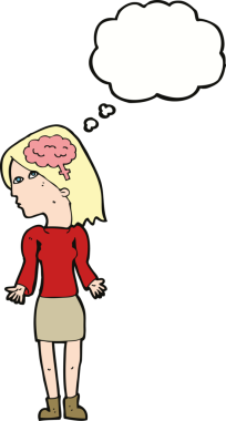 Bir insan tarafından çizilmiş düşünce baloncuğuyla omuz silken zeki bir kadın.