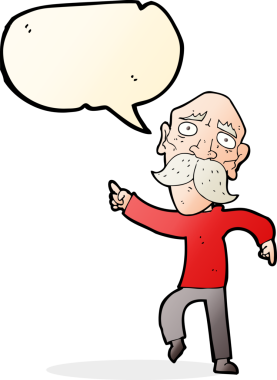 karikatür üzgün yaşlı adam bir insan tarafından çizilmiş konuşma balonuyla işaret ediyor
