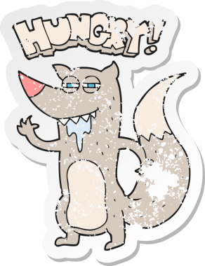 Bir insan tarafından çizilmiş aç kurt çizgi filminin kederli retro yapıştırması.