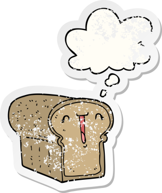 Düşünce baloncuğu olan tatlı bir çizgi film somunu insan tarafından çizilmiş yıpranmış bir çıkartma gibi.