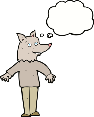 Bir insan tarafından çizilmiş düşünce baloncuğu olan mutlu bir kurt adam.