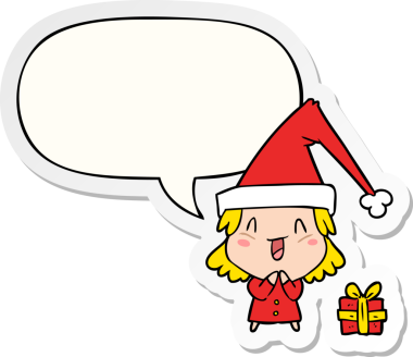 Bir insan tarafından çizilmiş balon çıkartmalı Noel şapkası takan karikatür kızı.