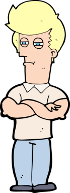 Bir insan tarafından çizilmiş kolları katlanmış çizgi film adamı.