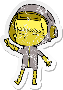 Bir insan tarafından çizilmiş barış işareti yapan bir uzay kızının sıkıntılı çıkartması.