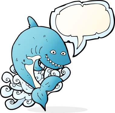 Bir insan tarafından çizilmiş konuşma baloncuklu çizgi film köpekbalığı.