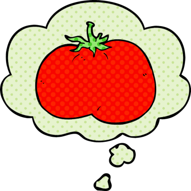 Bir insan tarafından çizilmiş, düşünce baloncuklu çizgi film domatesi.