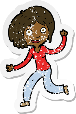 Bir insan tarafından çizilmiş mutlu, el sallayan bir kız çizgi filmin gerilimli yapıştırması.