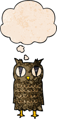 bir insan tarafından çizilmiş grunge doku biçiminde düşünce baloncuğu olan çizgi film baykuşu