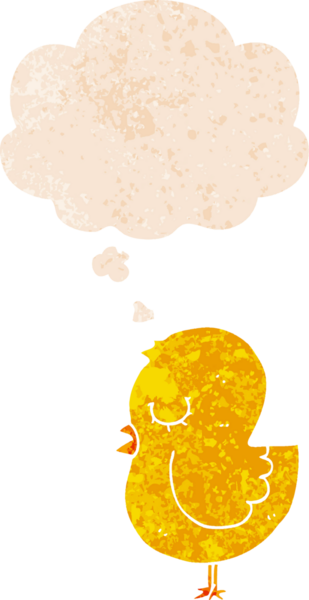 Düşünce baloncuğu ve grunge ile çizgi film kuşu bir insan tarafından çizilmiş sıkıntılı retro tarzı