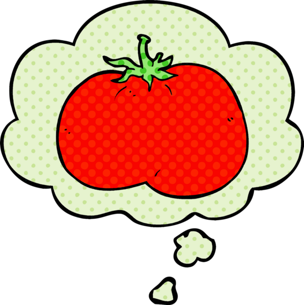 Bir insan tarafından çizilmiş, düşünce baloncuklu çizgi film domatesi.