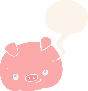 bir insan tarafından çizilmiş, konuşma baloncuklu mutlu domuz çizgi filmi.