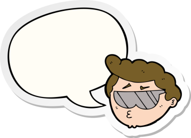 Bir insan tarafından çizilmiş konuşma balonu çıkartmalı güneş gözlüğü takan çizgi film çocuğu.