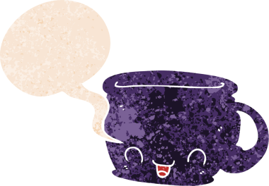 Bir insan tarafından çizilmiş grunge dertli retro desenli konuşma baloncuklu bir fincan kahve.