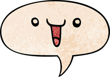 Bir insan tarafından çizilmiş eski tarz konuşma baloncuğu olan sevimli mutlu çizgi film yüzü.