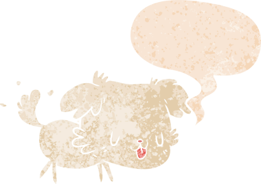 Bir insan tarafından çizilmiş grunge dertli retro tarzı konuşma baloncuğu ile çizgi film köpeği