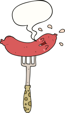 Bir insan tarafından çizilmiş, çatal üzerinde mutlu sosis ve konuşma balonu.