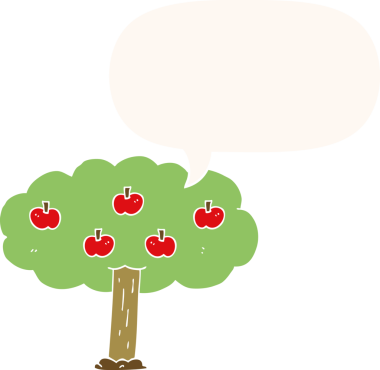bir insan tarafından çizilmiş, konuşma baloncuklu elma ağacı.