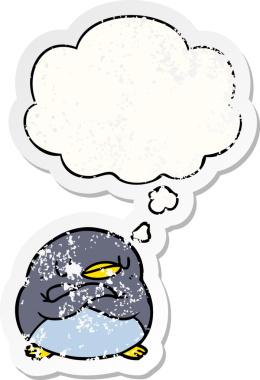 Düşünce baloncuğu olan karikatür pengueni insan tarafından çizilmiş yıpranmış bir çıkartma.