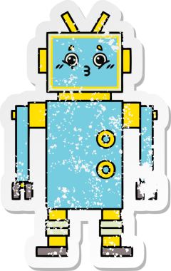 Bir insan tarafından çizilmiş sevimli bir robot çizgi film çıkartması.