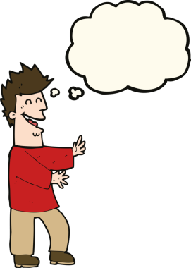 Bir insan tarafından çizilmiş düşünce balonlu gülen adam.