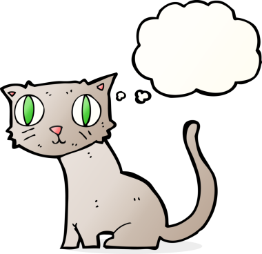 Bir insan tarafından çizilmiş düşünce kabarcığı olan çizgi film kedisi.