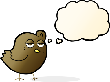 Bir insan tarafından çizilmiş düşünce baloncuklu çizgi film kuşu.