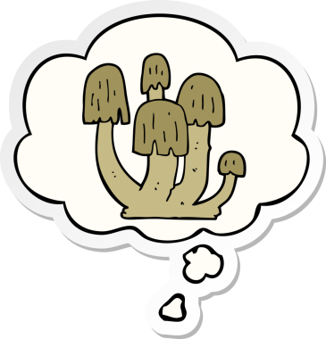 Düşünce baloncuklu mantarlar insan tarafından çizilmiş bir çıkartma.