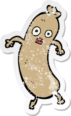 Bir insan tarafından çizilmiş karikatür sosisi etiketi.